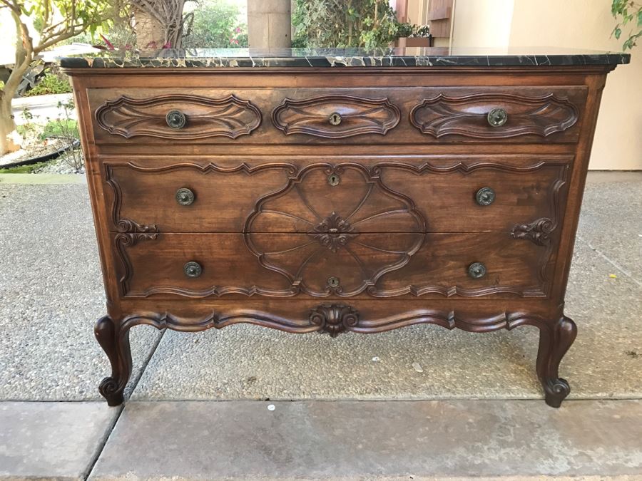 JUST ADDED - STUNNING Antique 19th Century Piedmont Baroque Style Dresser Chest Of Drawers With Distinctive Carved Piedmont Designs And Black Marble Top [Photo 2]