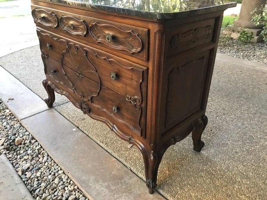 JUST ADDED - STUNNING Antique 19th Century Piedmont Baroque Style Dresser Chest Of Drawers With Distinctive Carved Piedmont Designs And Black Marble Top [Photo 5]