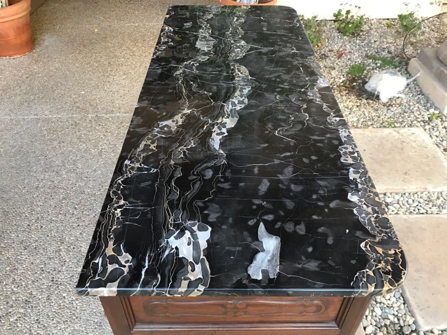 JUST ADDED - STUNNING Antique 19th Century Piedmont Baroque Style Dresser Chest Of Drawers With Distinctive Carved Piedmont Designs And Black Marble Top [Photo 9]
