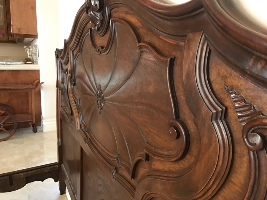 JUST ADDED - STUNNING Antique 19th Century Piedmont Baroque Style Bed With Headboard, Footboard And Rails With European Like New Simmons Queen Size Mattress (6' Wider Than Queen) - See Details [Photo 18]