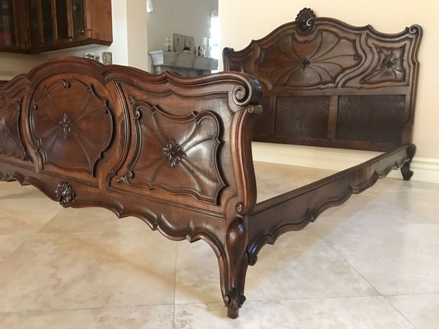 JUST ADDED - STUNNING Antique 19th Century Piedmont Baroque Style Bed With Headboard, Footboard And Rails With European Like New Simmons Queen Size Mattress (6' Wider Than Queen) - See Details [Photo 2]