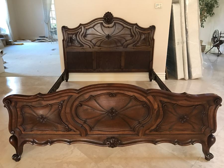 JUST ADDED - STUNNING Antique 19th Century Piedmont Baroque Style Bed With Headboard, Footboard And Rails With European Like New Simmons Queen Size Mattress (6' Wider Than Queen) - See Details [Photo 3]