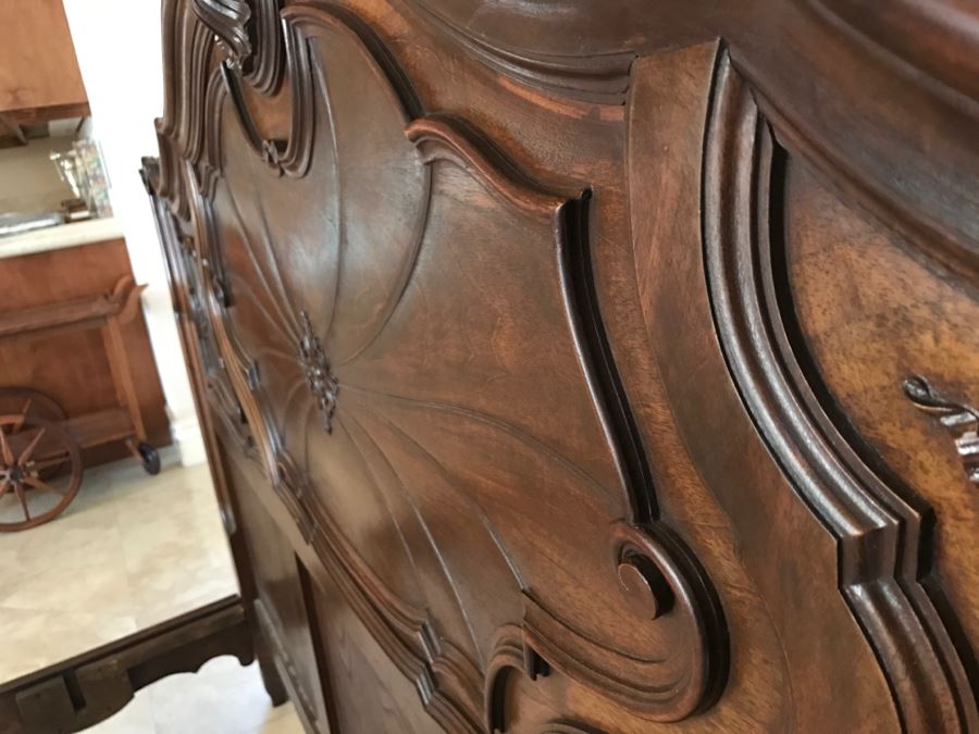 JUST ADDED - STUNNING Antique 19th Century Piedmont Baroque Style Bed With Headboard, Footboard And Rails With European Like New Simmons Queen Size Mattress (6' Wider Than Queen) - See Details [Photo 20]
