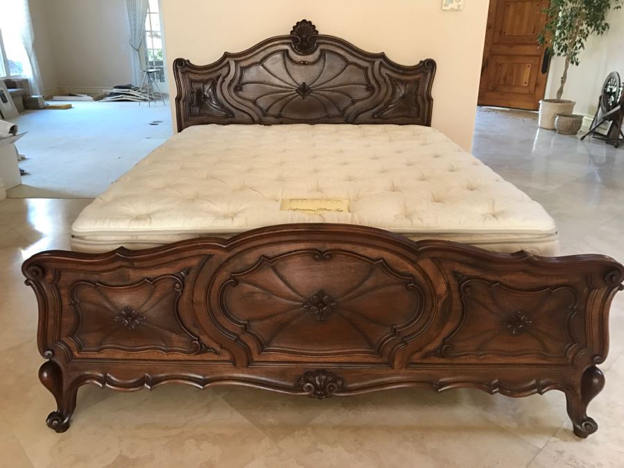 JUST ADDED - STUNNING Antique 19th Century Piedmont Baroque Style Bed With Headboard, Footboard And Rails With European Like New Simmons Queen Size Mattress (6' Wider Than Queen) - See Details