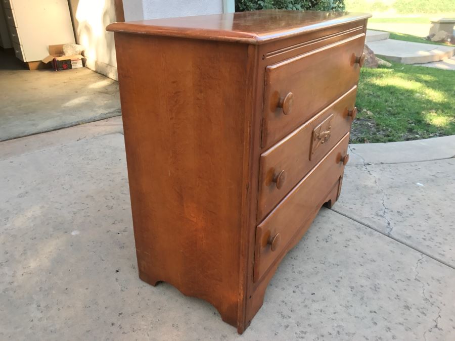 JUST ADDED - Vintage 1940's Maple Dresser Chest Of Drawers With Relief Carving Of Bomber Plane On One Of The Drawers By Virginia House [Photo 13]