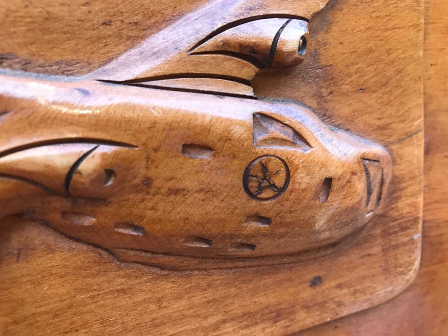 JUST ADDED - Vintage 1940's Maple Dresser Chest Of Drawers With Relief Carving Of Bomber Plane On One Of The Drawers By Virginia House [Photo 8]