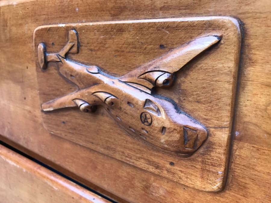 JUST ADDED - Vintage 1940's Maple Dresser Chest Of Drawers With Relief Carving Of Bomber Plane On One Of The Drawers By Virginia House [Photo 6]
