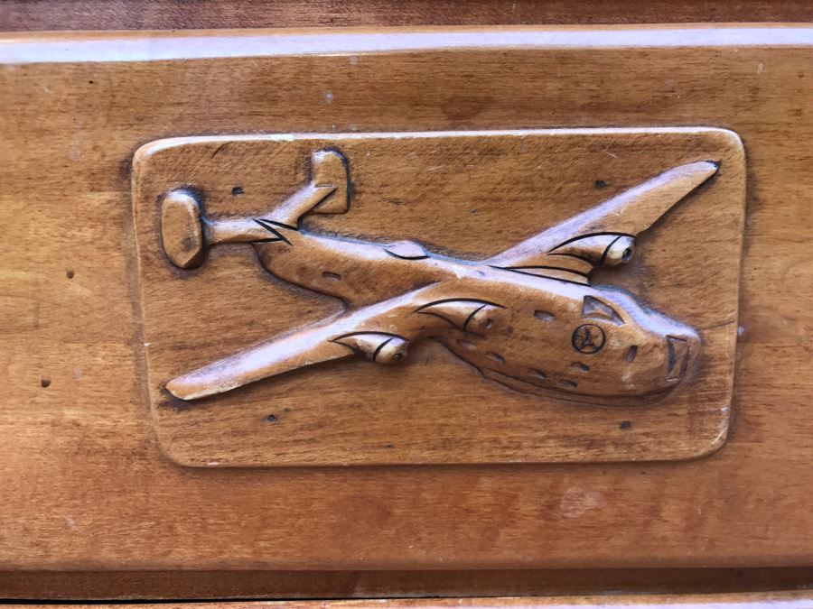 JUST ADDED - Vintage 1940's Maple Dresser Chest Of Drawers With Relief Carving Of Bomber Plane On One Of The Drawers By Virginia House [Photo 3]
