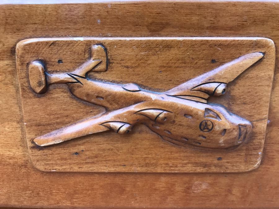 JUST ADDED - Vintage 1940's Maple Dresser Chest Of Drawers With Relief Carving Of Bomber Plane On One Of The Drawers By Virginia House [Photo 5]