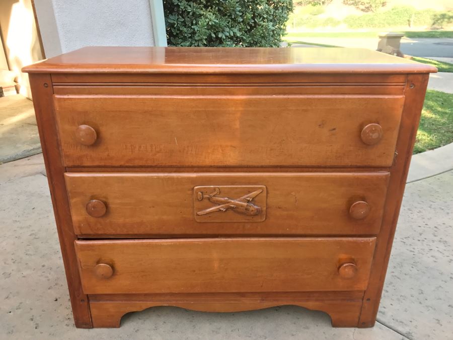 JUST ADDED - Vintage 1940's Maple Dresser Chest Of Drawers With Relief Carving Of Bomber Plane On One Of The Drawers By Virginia House [Photo 4]
