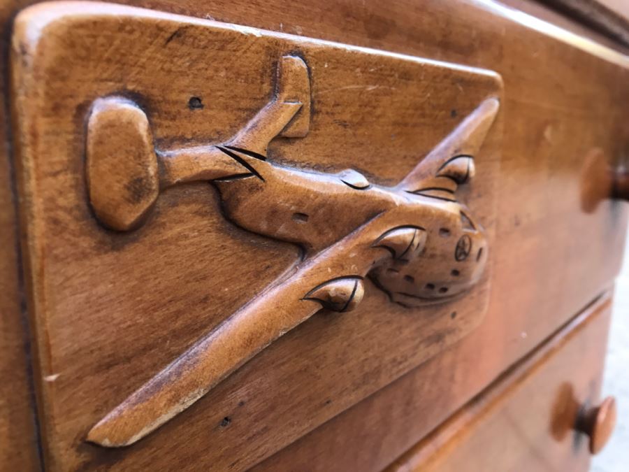 JUST ADDED - Vintage 1940's Maple Dresser Chest Of Drawers With Relief Carving Of Bomber Plane On One Of The Drawers By Virginia House [Photo 7]