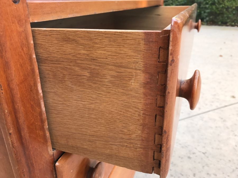 JUST ADDED - Vintage 1940's Maple Dresser Chest Of Drawers With Relief Carving Of Bomber Plane On One Of The Drawers By Virginia House [Photo 9]