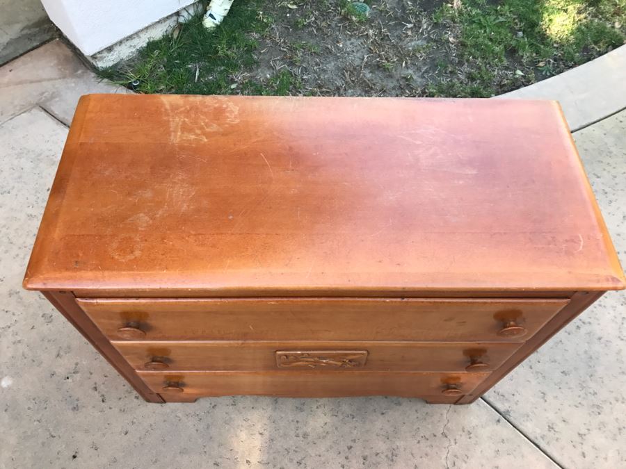 JUST ADDED - Vintage 1940's Maple Dresser Chest Of Drawers With Relief Carving Of Bomber Plane On One Of The Drawers By Virginia House [Photo 12]