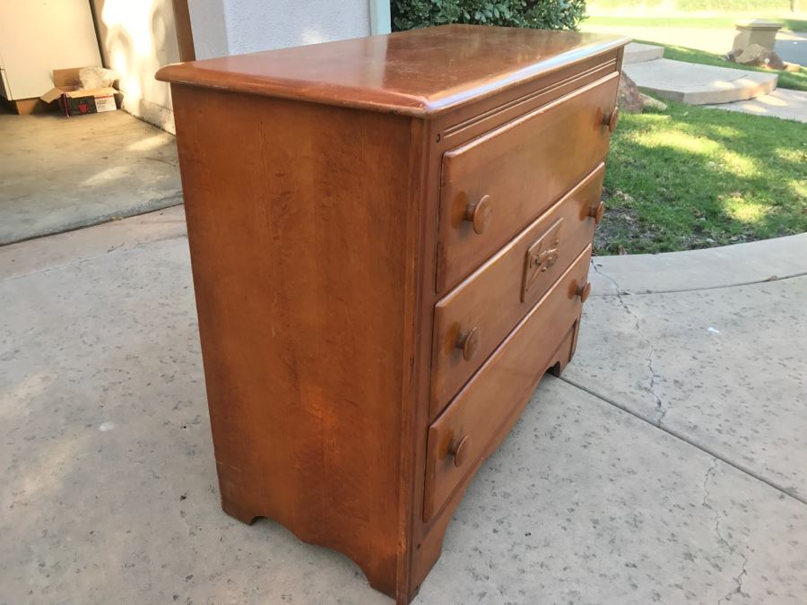 JUST ADDED - Vintage 1940's Maple Dresser Chest Of Drawers With Relief Carving Of Bomber Plane On One Of The Drawers By Virginia House [Photo 14]