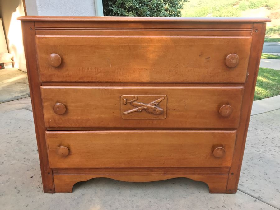 JUST ADDED - Vintage 1940's Maple Dresser Chest Of Drawers With Relief Carving Of Bomber Plane On One Of The Drawers By Virginia House [Photo 1]