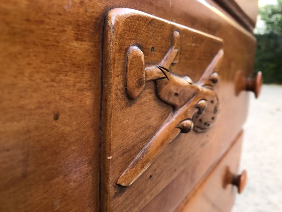 JUST ADDED - Vintage 1940's Maple Dresser Chest Of Drawers With Relief Carving Of Bomber Plane On One Of The Drawers By Virginia House [Photo 2]