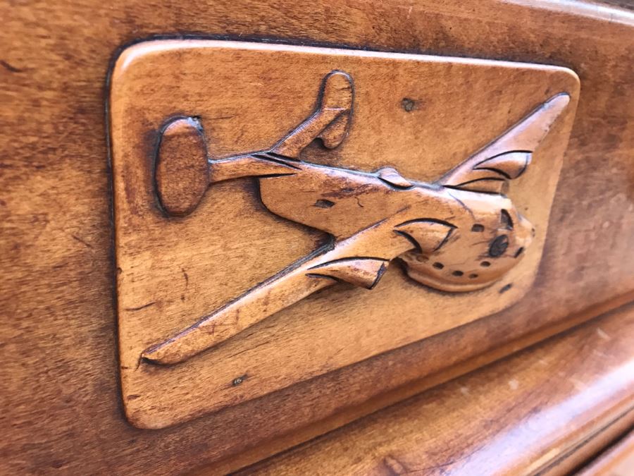 JUST ADDED - Vintage 1940's Maple Highboy Dresser Chest Of Drawers With Relief Carving Of Bomber Plane On One Of The Drawers By Virginia House [Photo 5]