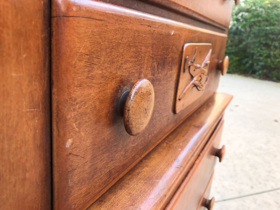 JUST ADDED - Vintage 1940's Maple Highboy Dresser Chest Of Drawers With Relief Carving Of Bomber Plane On One Of The Drawers By Virginia House [Photo 7]