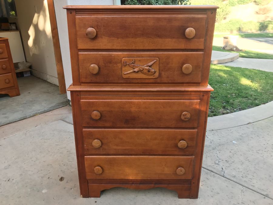 JUST ADDED - Vintage 1940's Maple Highboy Dresser Chest Of Drawers With Relief Carving Of Bomber Plane On One Of The Drawers By Virginia House
