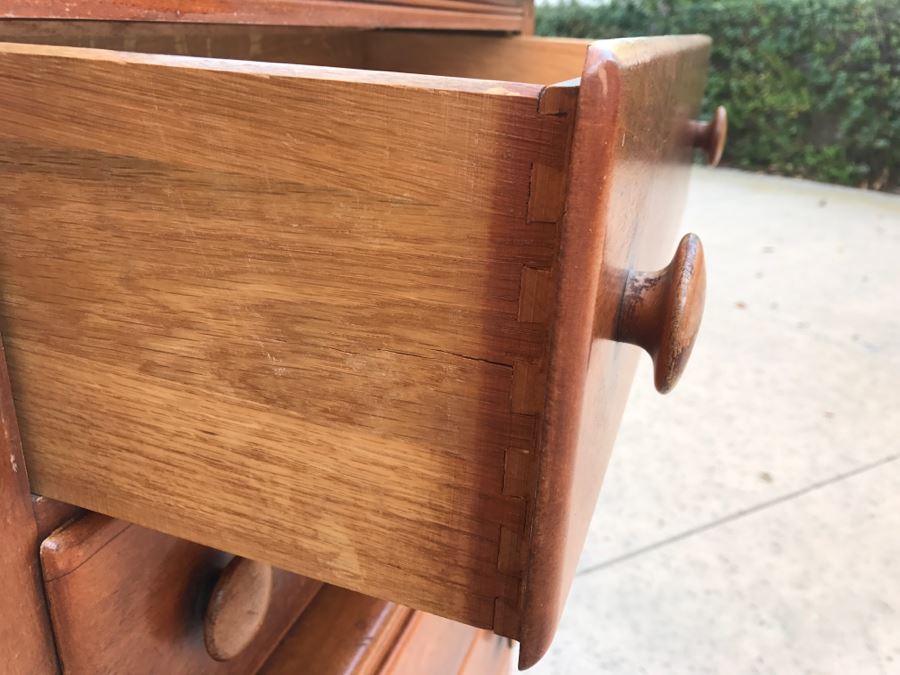 JUST ADDED - Vintage 1940's Maple Highboy Dresser Chest Of Drawers With Relief Carving Of Bomber Plane On One Of The Drawers By Virginia House [Photo 9]