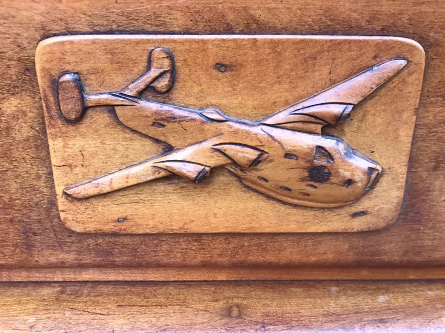 JUST ADDED - Vintage 1940's Maple Highboy Dresser Chest Of Drawers With Relief Carving Of Bomber Plane On One Of The Drawers By Virginia House [Photo 2]