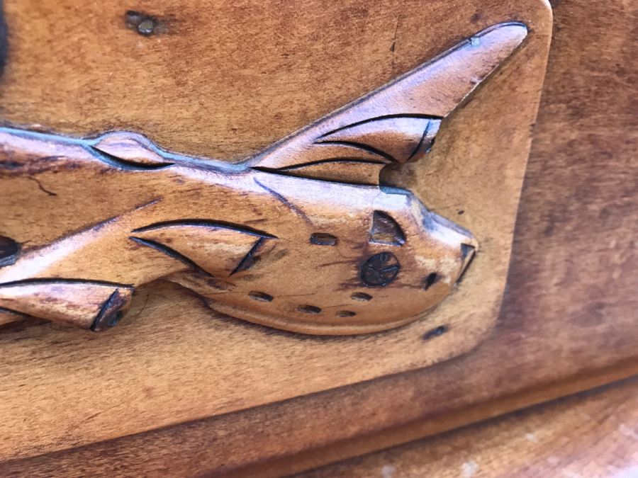 JUST ADDED - Vintage 1940's Maple Highboy Dresser Chest Of Drawers With Relief Carving Of Bomber Plane On One Of The Drawers By Virginia House [Photo 6]