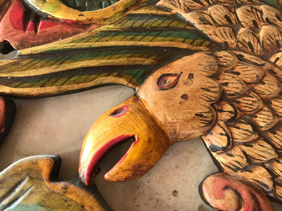 JUST ADDED - Relief Carved Indonesian Wall Hanging Artwork Hand Painted Featuring Bird With Flowers [Photo 8]