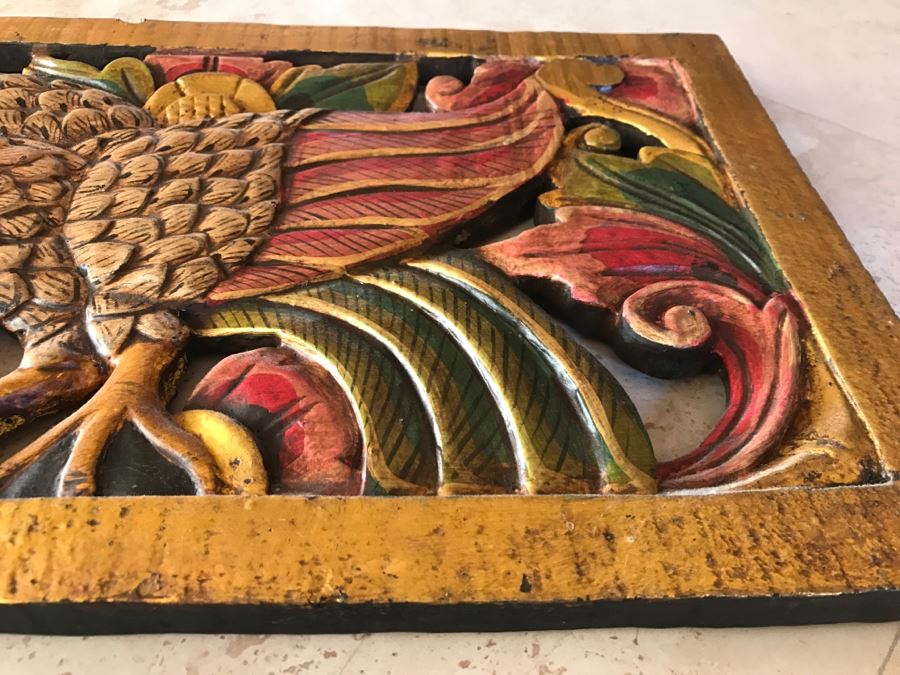 JUST ADDED - Relief Carved Indonesian Wall Hanging Artwork Hand Painted Featuring Bird With Flowers [Photo 6]