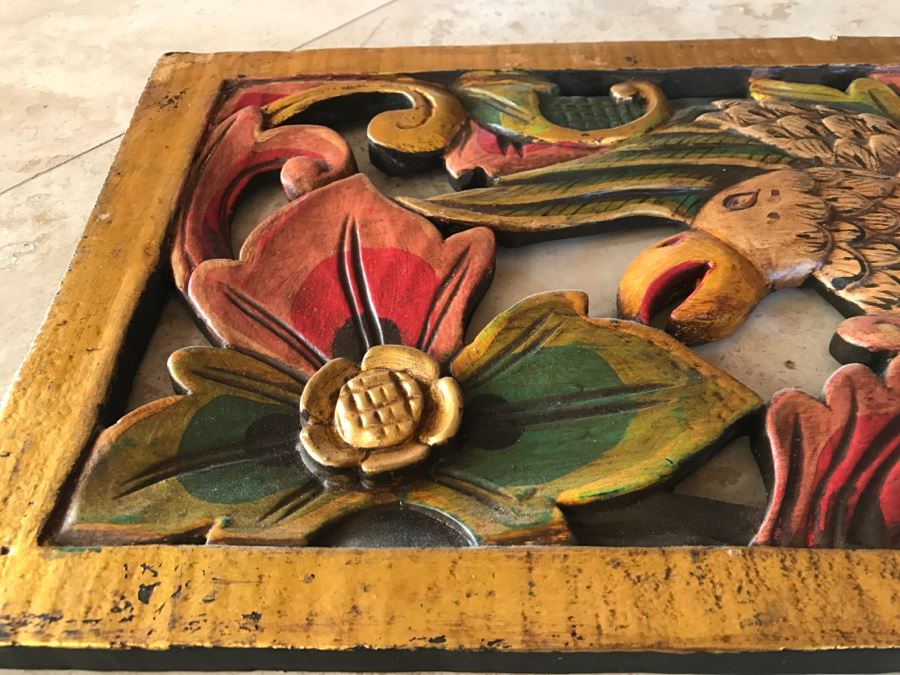 JUST ADDED - Relief Carved Indonesian Wall Hanging Artwork Hand Painted Featuring Bird With Flowers [Photo 7]