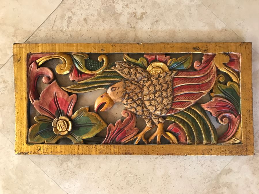 JUST ADDED - Relief Carved Indonesian Wall Hanging Artwork Hand Painted Featuring Bird With Flowers