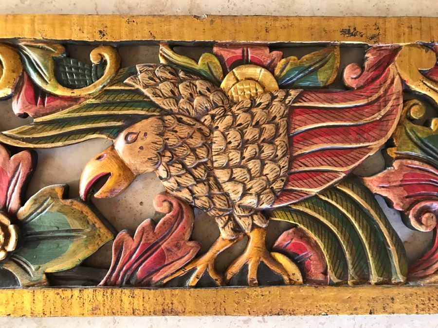 JUST ADDED - Relief Carved Indonesian Wall Hanging Artwork Hand Painted Featuring Bird With Flowers [Photo 3]