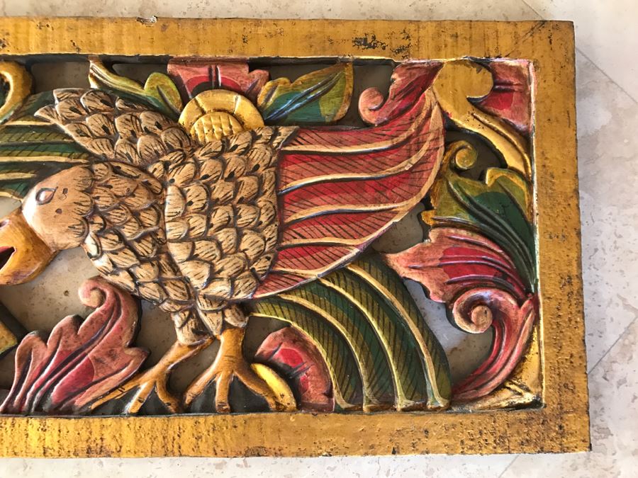 JUST ADDED - Relief Carved Indonesian Wall Hanging Artwork Hand Painted Featuring Bird With Flowers [Photo 4]
