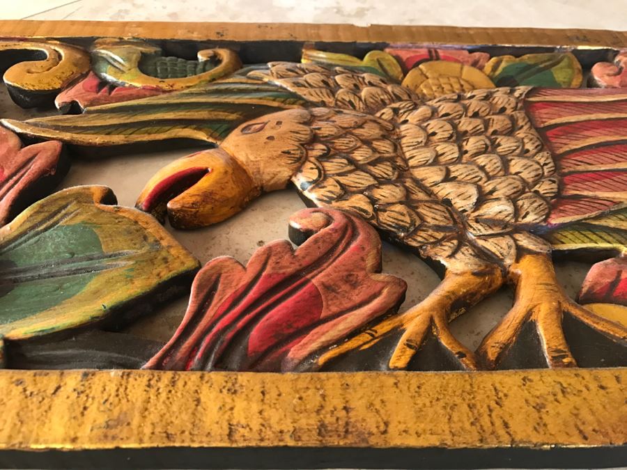 JUST ADDED - Relief Carved Indonesian Wall Hanging Artwork Hand Painted Featuring Bird With Flowers [Photo 5]