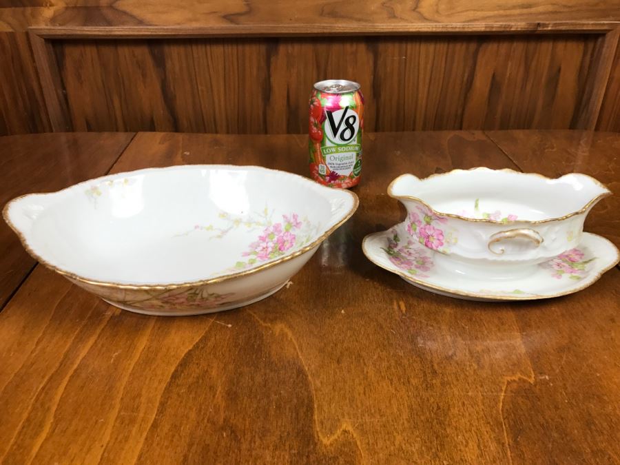 JUST ADDED - Theodore Haviland Limoges France China Gravy Boat With Attached Underplate And Large Serving Bowl Gold Trim