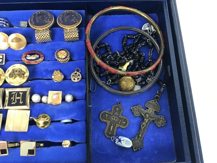 JUST ADDED - Vintage Men's Cufflink Box With Various Tie Clips, Cufflinks, Rosary Necklace, Pins, Watch, Gold Tooth And Various Items Photographed - See All Photos [Photo 15]