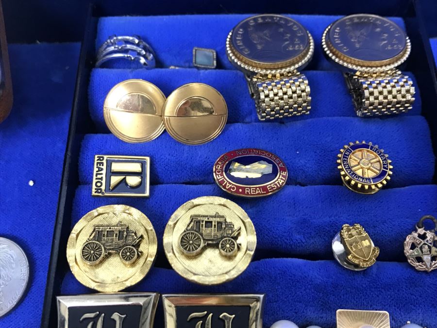 JUST ADDED - Vintage Men's Cufflink Box With Various Tie Clips, Cufflinks, Rosary Necklace, Pins, Watch, Gold Tooth And Various Items Photographed - See All Photos [Photo 12]