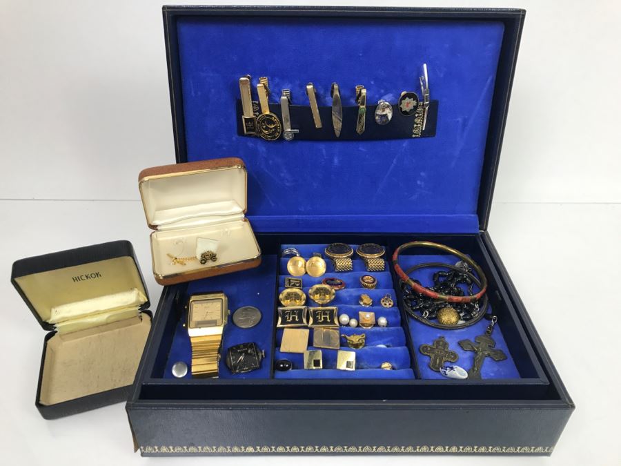 JUST ADDED - Vintage Men's Cufflink Box With Various Tie Clips, Cufflinks, Rosary Necklace, Pins, Watch, Gold Tooth And Various Items Photographed - See All Photos [Photo 3]