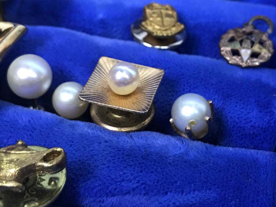 JUST ADDED - Vintage Men's Cufflink Box With Various Tie Clips, Cufflinks, Rosary Necklace, Pins, Watch, Gold Tooth And Various Items Photographed - See All Photos [Photo 9]