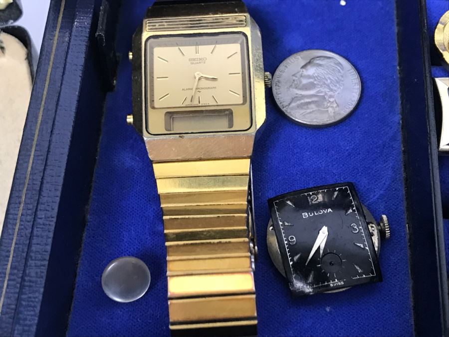 JUST ADDED - Vintage Men's Cufflink Box With Various Tie Clips, Cufflinks, Rosary Necklace, Pins, Watch, Gold Tooth And Various Items Photographed - See All Photos [Photo 20]