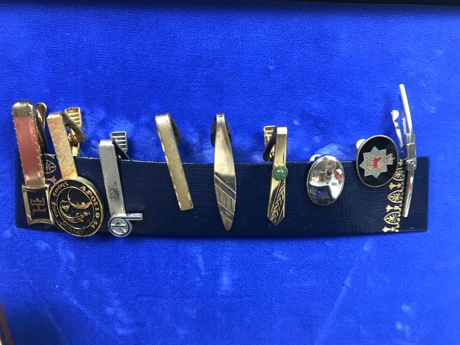 JUST ADDED - Vintage Men's Cufflink Box With Various Tie Clips, Cufflinks, Rosary Necklace, Pins, Watch, Gold Tooth And Various Items Photographed - See All Photos [Photo 25]