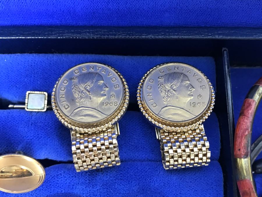 JUST ADDED - Vintage Men's Cufflink Box With Various Tie Clips, Cufflinks, Rosary Necklace, Pins, Watch, Gold Tooth And Various Items Photographed - See All Photos [Photo 13]