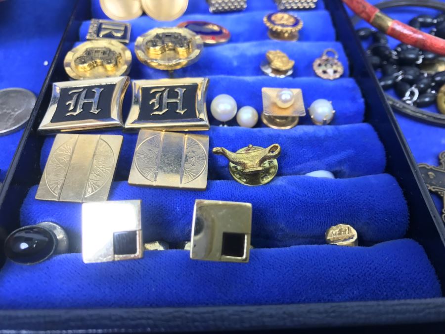 JUST ADDED - Vintage Men's Cufflink Box With Various Tie Clips, Cufflinks, Rosary Necklace, Pins, Watch, Gold Tooth And Various Items Photographed - See All Photos [Photo 5]