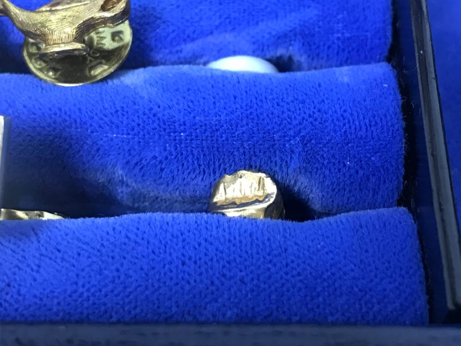 JUST ADDED - Vintage Men's Cufflink Box With Various Tie Clips, Cufflinks, Rosary Necklace, Pins, Watch, Gold Tooth And Various Items Photographed - See All Photos [Photo 6]