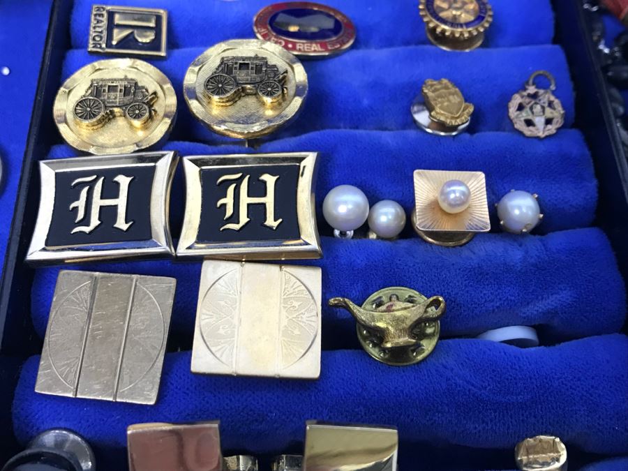JUST ADDED - Vintage Men's Cufflink Box With Various Tie Clips, Cufflinks, Rosary Necklace, Pins, Watch, Gold Tooth And Various Items Photographed - See All Photos [Photo 7]