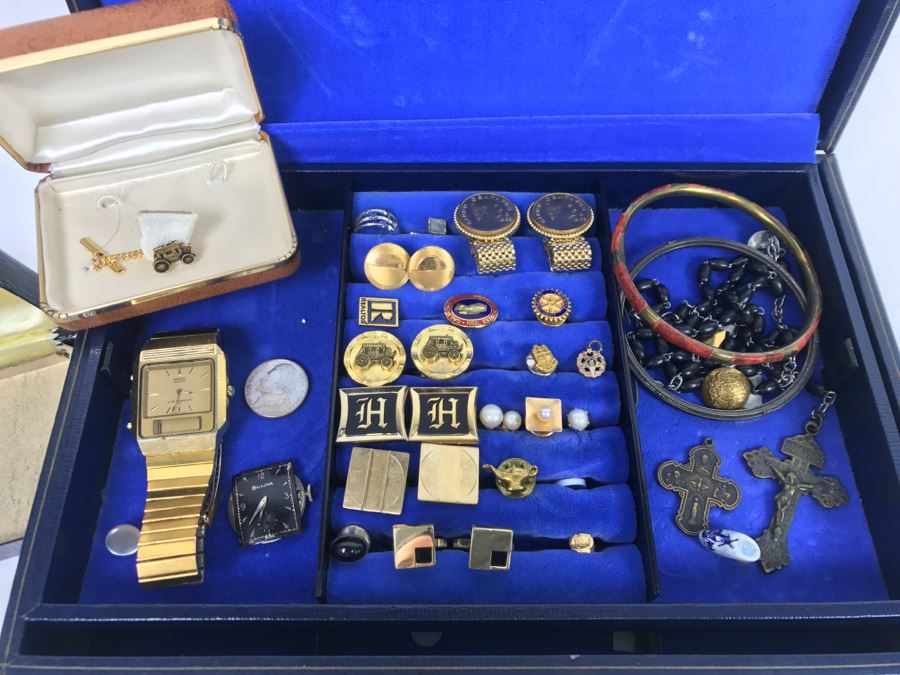 JUST ADDED - Vintage Men's Cufflink Box With Various Tie Clips, Cufflinks, Rosary Necklace, Pins, Watch, Gold Tooth And Various Items Photographed - See All Photos [Photo 4]