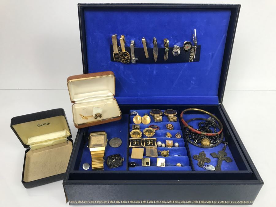 JUST ADDED - Vintage Men's Cufflink Box With Various Tie Clips, Cufflinks, Rosary Necklace, Pins, Watch, Gold Tooth And Various Items Photographed - See All Photos