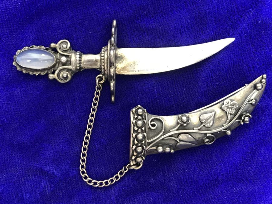 JUST ADDED - Stunning Vintage Repousse Sterling Silver Brooch Pin Dagger With Sheather And Possible Moonstone (Not Tested) 28.3g