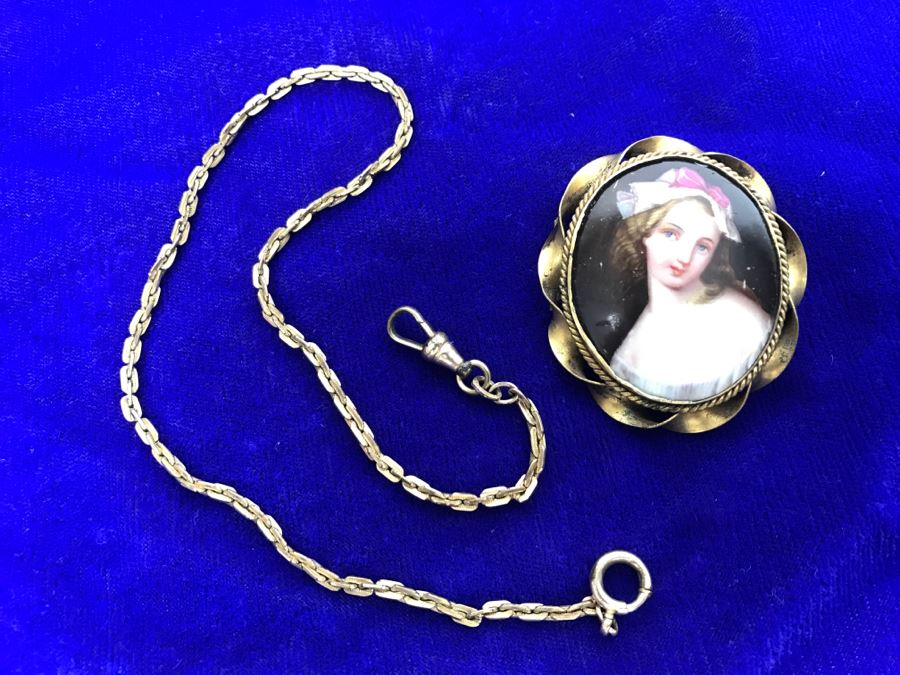 JUST ADDED - Vintage Handpainted Porcelain Brooch Pin And Vintage UNION Pocket Watch Chain [Photo 1]