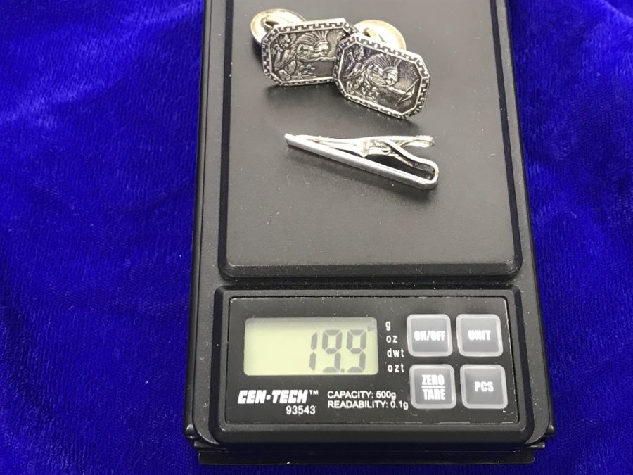 JUST ADDED - Vintage Sterling Silver Signed Mexican Cufflinks And Sterling Silver Tie Clip 19.9g [Photo 10]