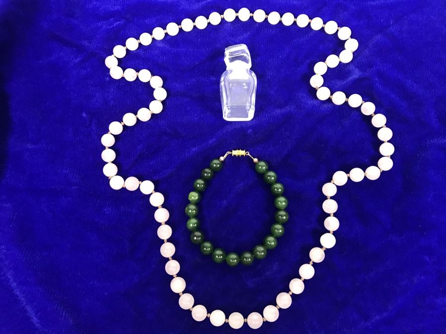 JUST ADDED - Light Pink Stone Necklace Individually Knotted, Green Stone Bracelet And French Perfume Bottle [Photo 2]